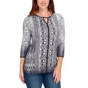 One World Knit Blouse Size XS Keyhole Rhinestone Studded Black White Paisley Top